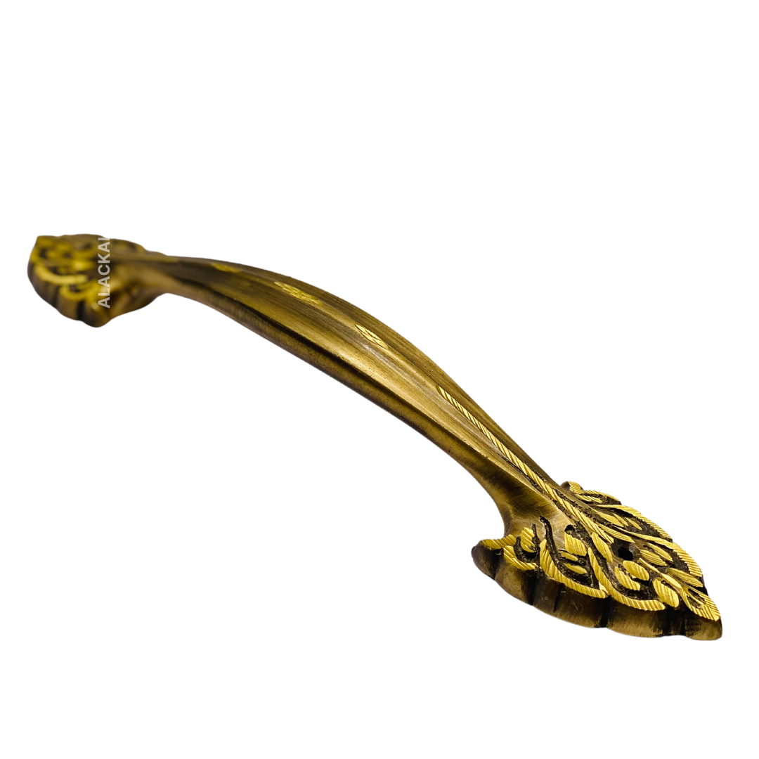 BRASS LONG DOOR HANDLE IN FLORAL DESIGN WITH FITTING ACCESSORIES