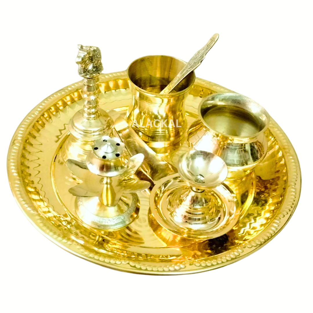 BRASS POOJA SET ( Thalam,  Panchapathram, Bell with nandhi, Kalash pot, Camphor holder, Agarbathi holder )