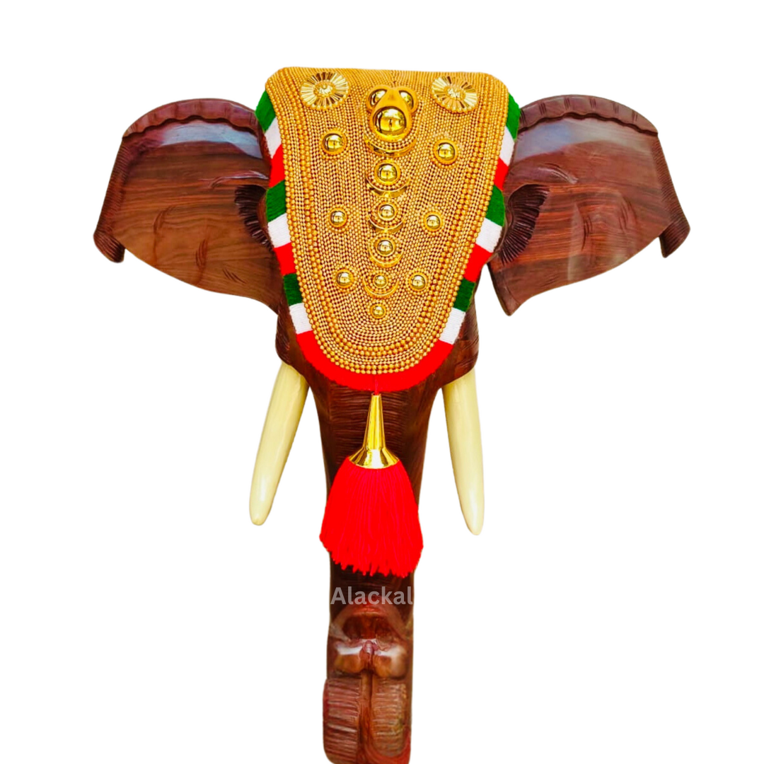 HANDCRAFTED WOODEN ELEPHANT POORAM HEAD WITH NETTIPATTAM