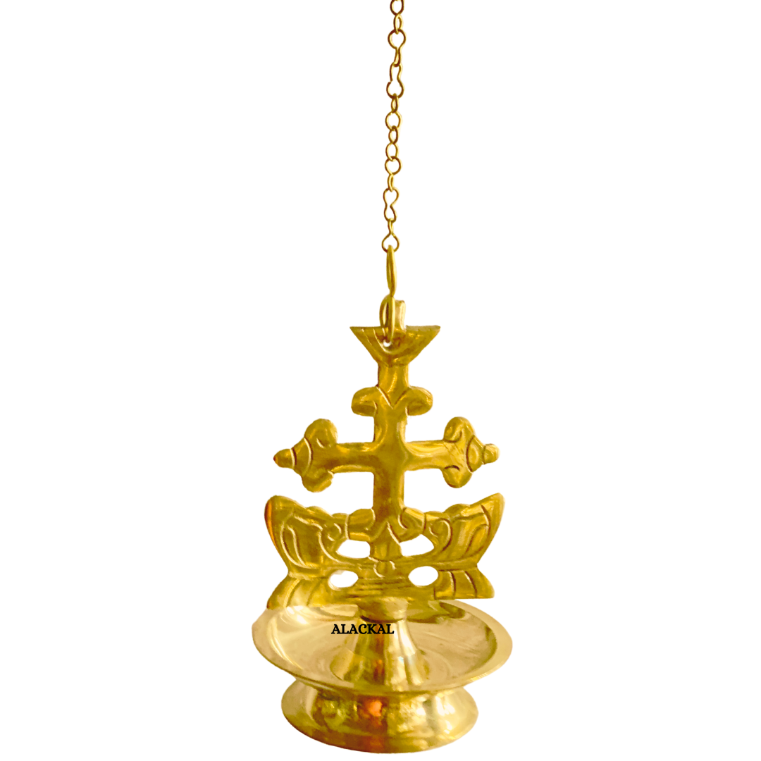 BRASS CROSS HANGING LAMP WITH CHAIN AND HOOKS | KURISHU THOOKKUVILAKKU