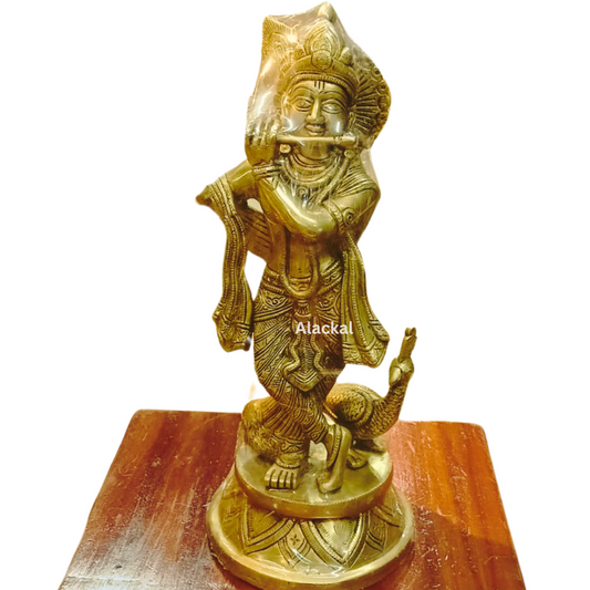 BRASS SHREE KRISHNA IDOL WITH FLUTE AND PEACOCK