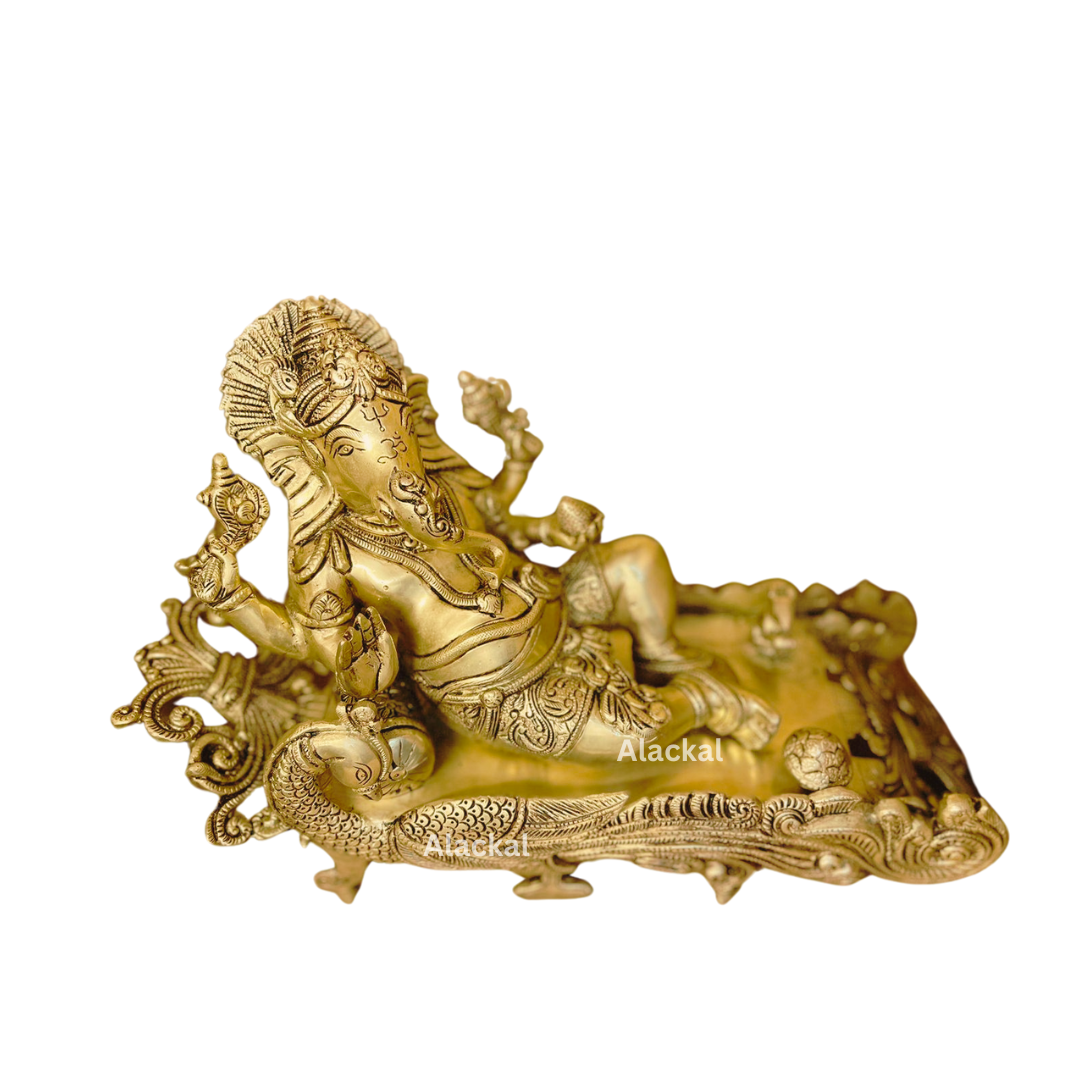 BRASS GANESHA STATUE ON A PEACOCK SHAPED STAND | HOME DECOR