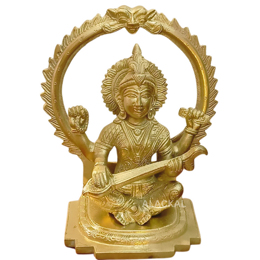 BRASS SARASWATI DEVI IDOL WITH PRABHAVALI FOR POOJA RITUALS | VIJAYADASAMI