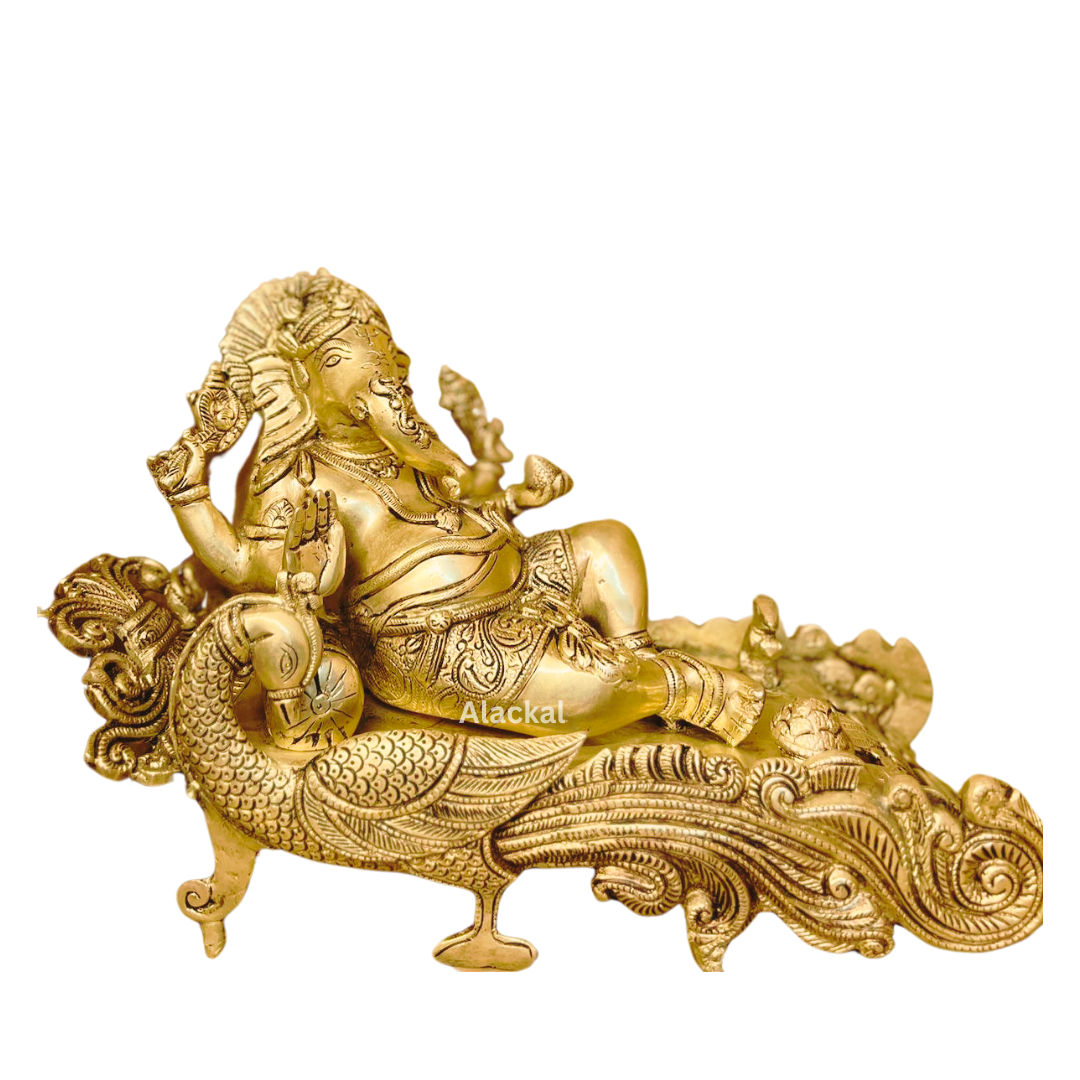 BRASS GANESHA STATUE ON A PEACOCK SHAPED STAND | HOME DECOR