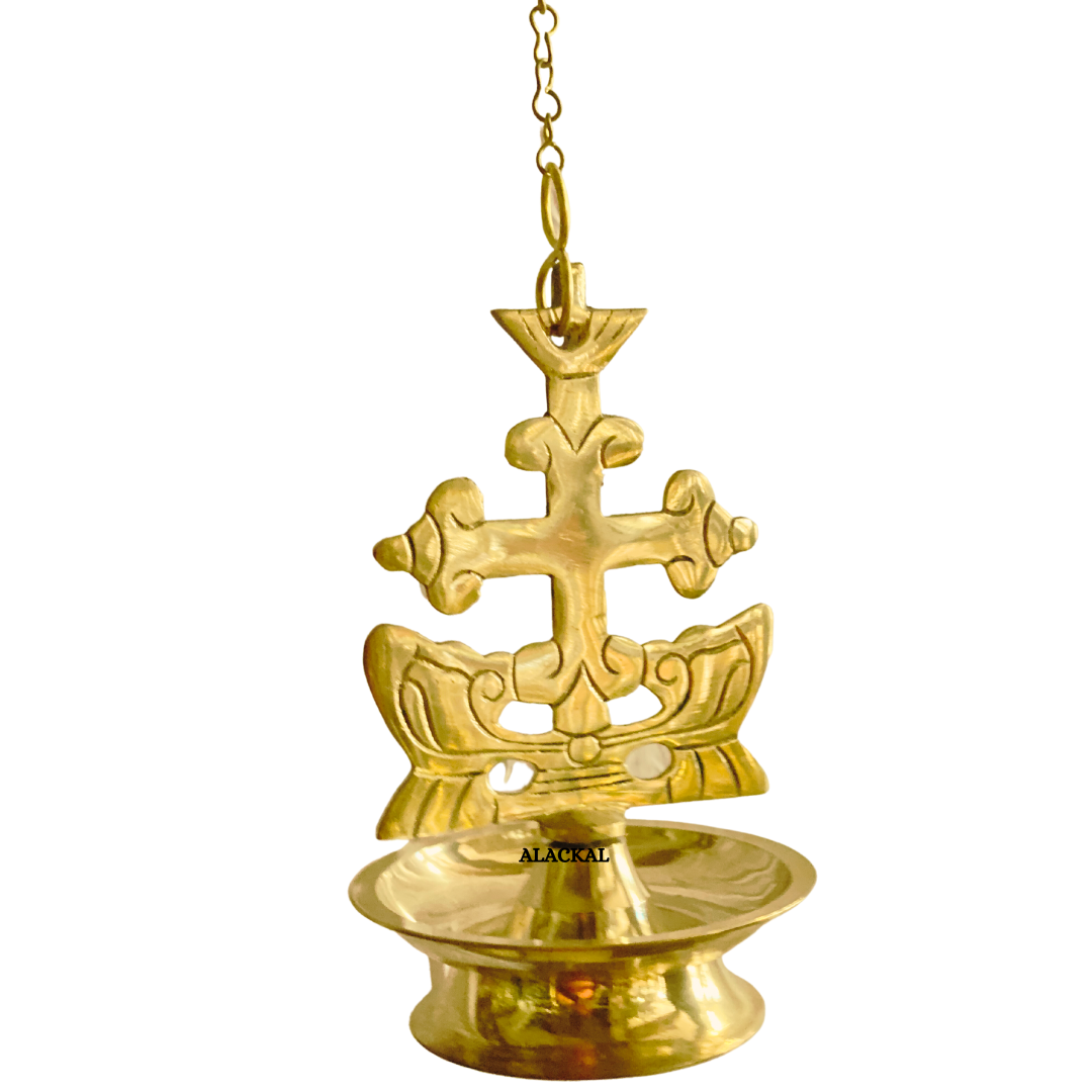 BRASS CROSS HANGING LAMP WITH CHAIN AND HOOKS | KURISHU THOOKKUVILAKKU