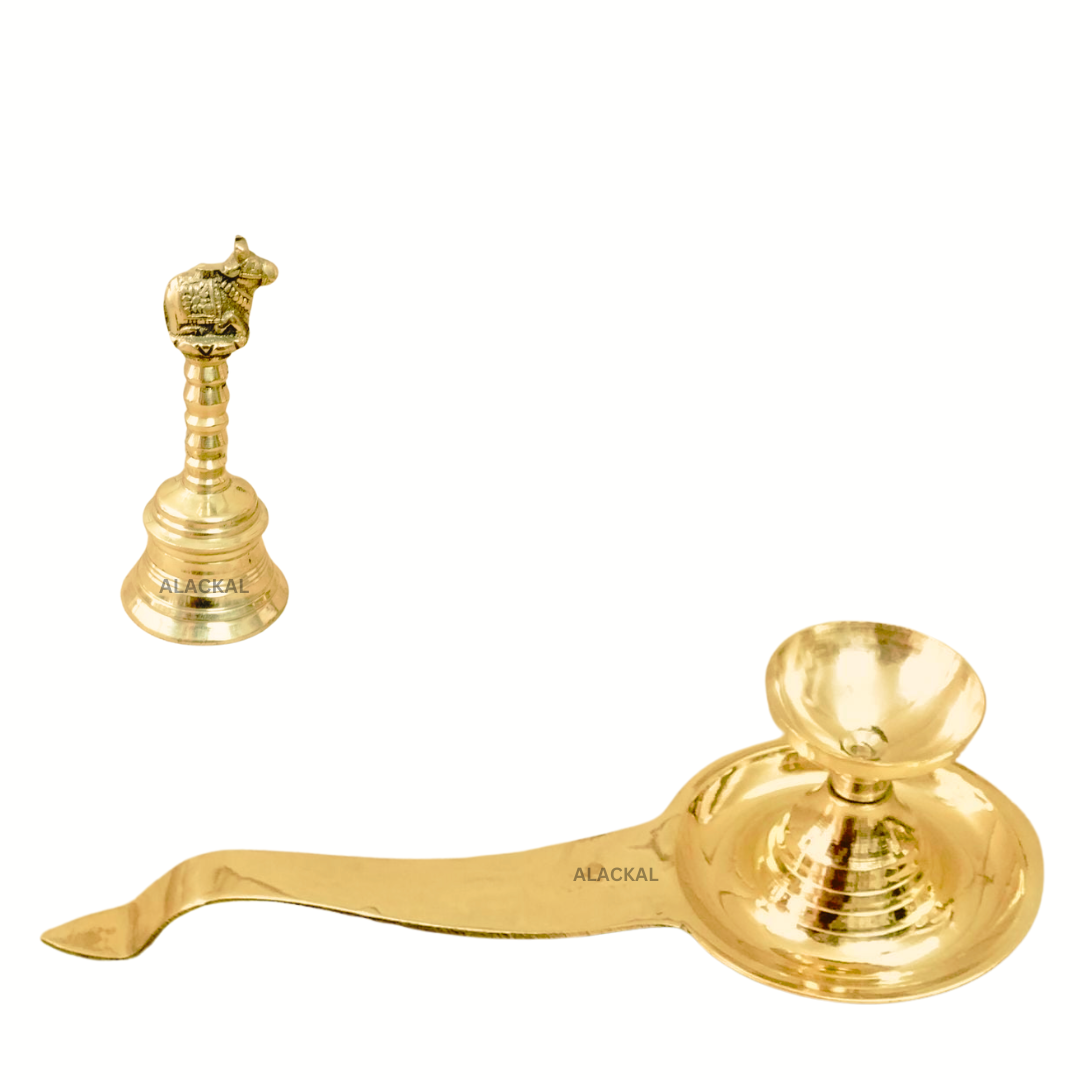 BRASS POOJA SET ( Thalam,  Panchapathram, Bell with nandhi, Kalash pot, Camphor holder, Agarbathi holder )