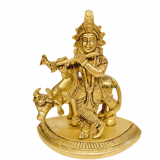 BRASS KRISHNA IDOL WITH COW