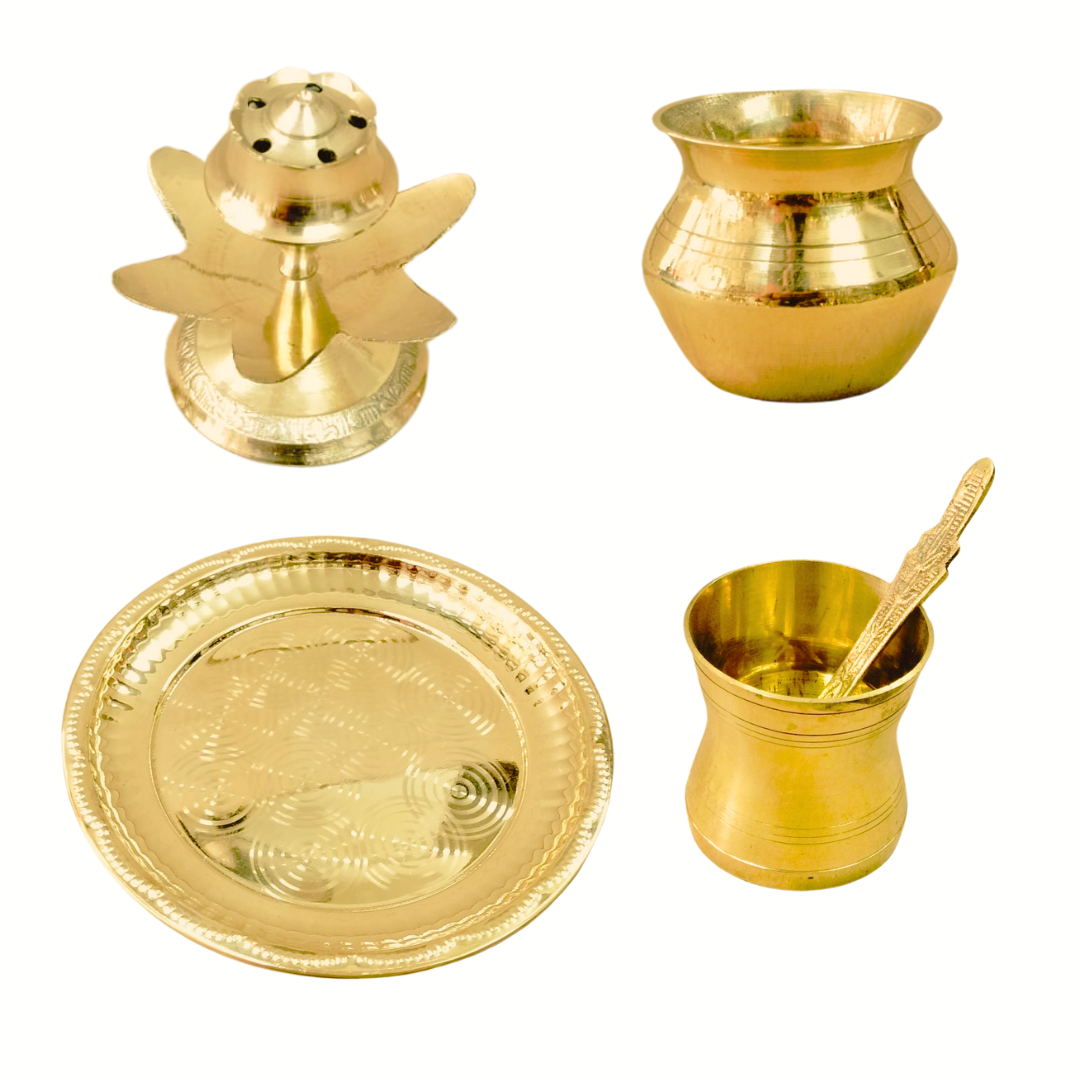 BRASS POOJA SET ( Thalam,  Panchapathram, Bell with nandhi, Kalash pot, Camphor holder, Agarbathi holder )