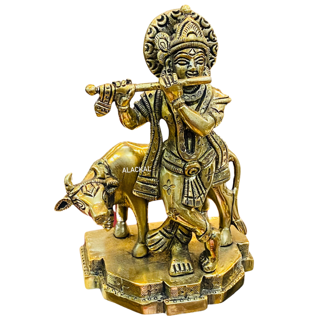 BRASS KRISHNA IDOL WITH CALF FOR POOJA ROOM