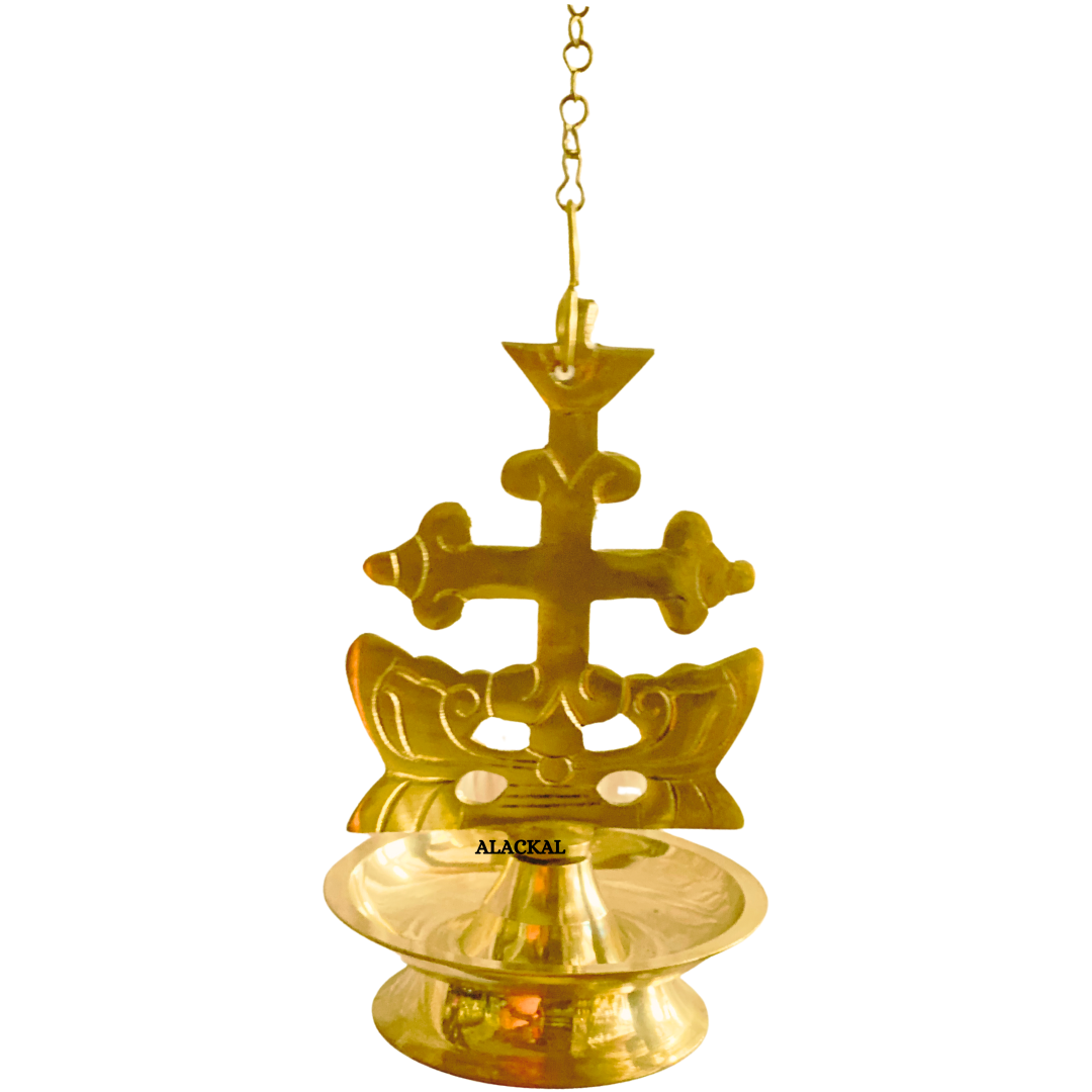 BRASS CROSS HANGING LAMP WITH CHAIN AND HOOKS | KURISHU THOOKKUVILAKKU