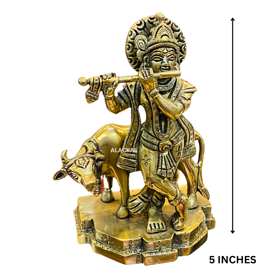 BRASS KRISHNA IDOL WITH CALF FOR POOJA ROOM