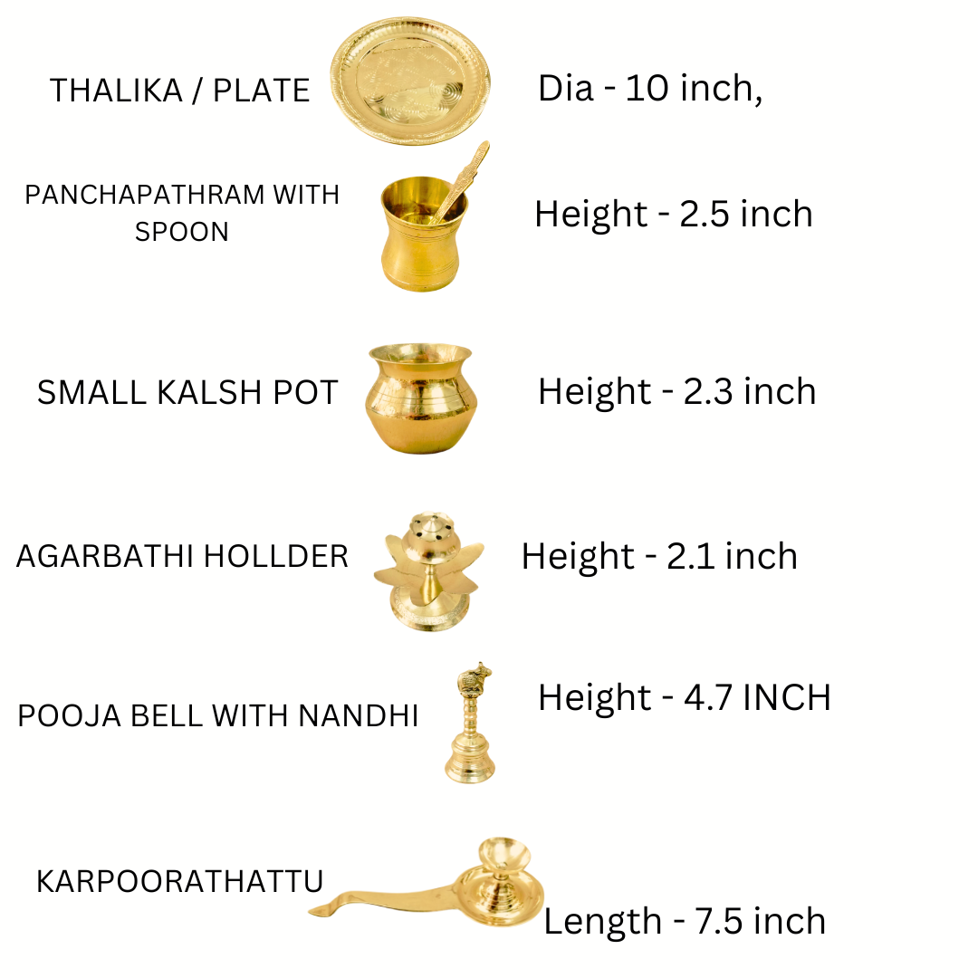 BRASS POOJA SET ( Thalam,  Panchapathram, Bell with nandhi, Kalash pot, Camphor holder, Agarbathi holder )