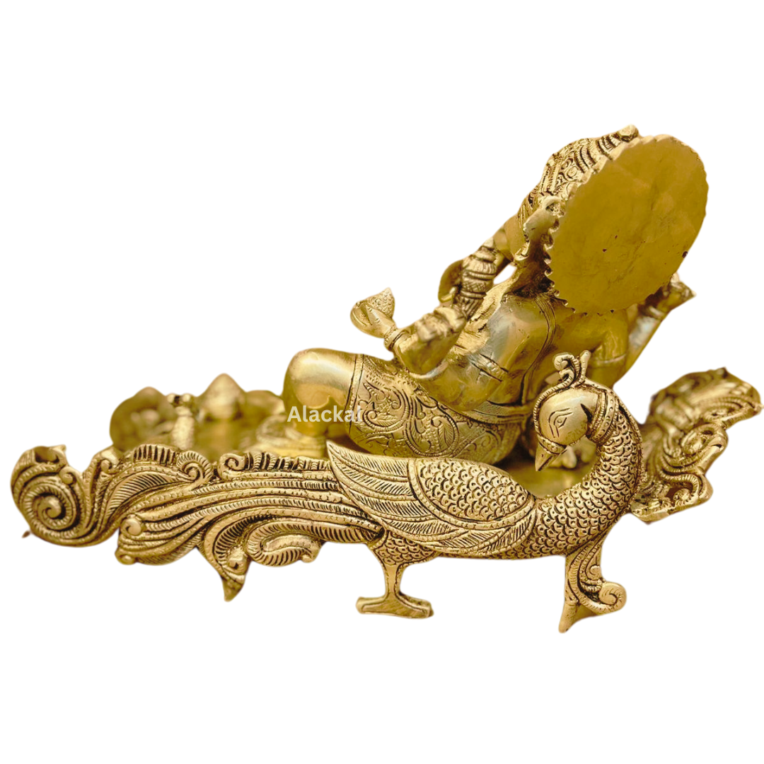 BRASS GANESHA STATUE ON A PEACOCK SHAPED STAND | HOME DECOR