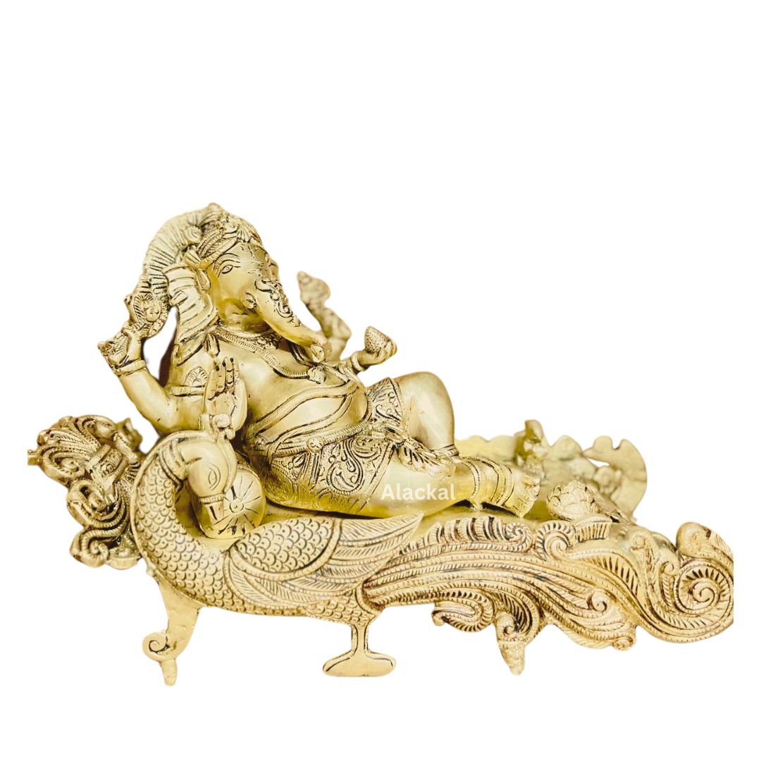 BRASS GANESHA STATUE ON A PEACOCK SHAPED STAND | HOME DECOR