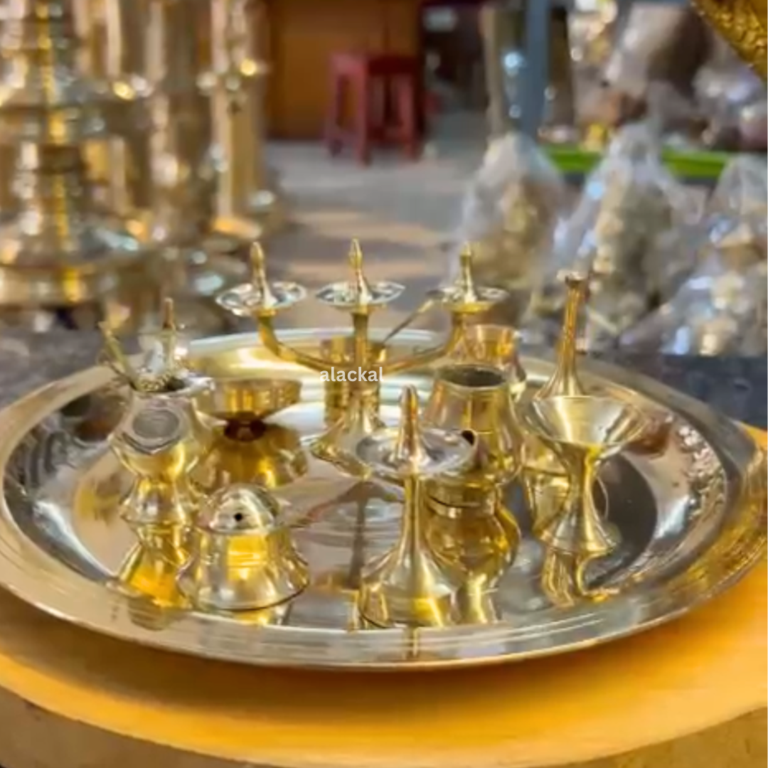 BRASS ASHTAMANGALYA SET MINIATURE | COMPLETE BRASS PUJA THALI SET WITH ARTI FOR RELIGIOUS RITUALS