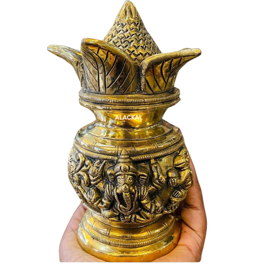 BRASS KALASH POT WITH LORD GANESHA AND LAKSHMI DEVI DESIGN