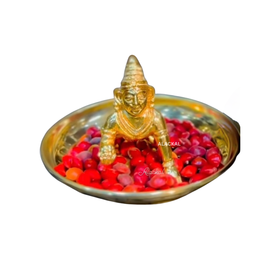 BRASS LADDU GOPAL WITH MANJADIKURU ( RED SEEDS ) AND A PLATE