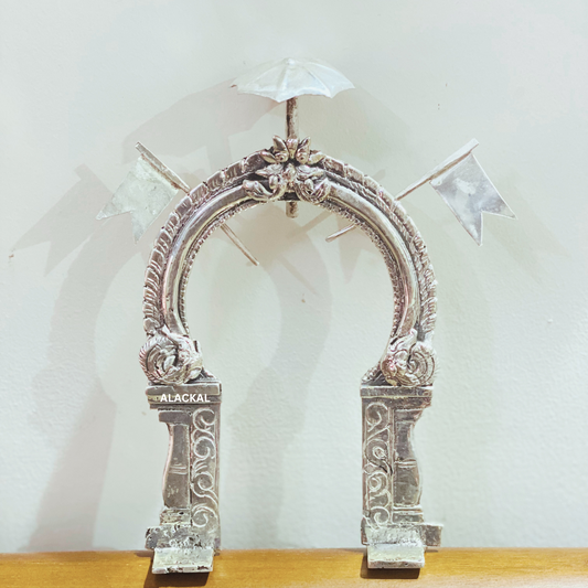 AUTHENTIC PURE SILVER PRABHAVALI WITH THIRUVACHI, UMBRELLA AND TWO FLAG